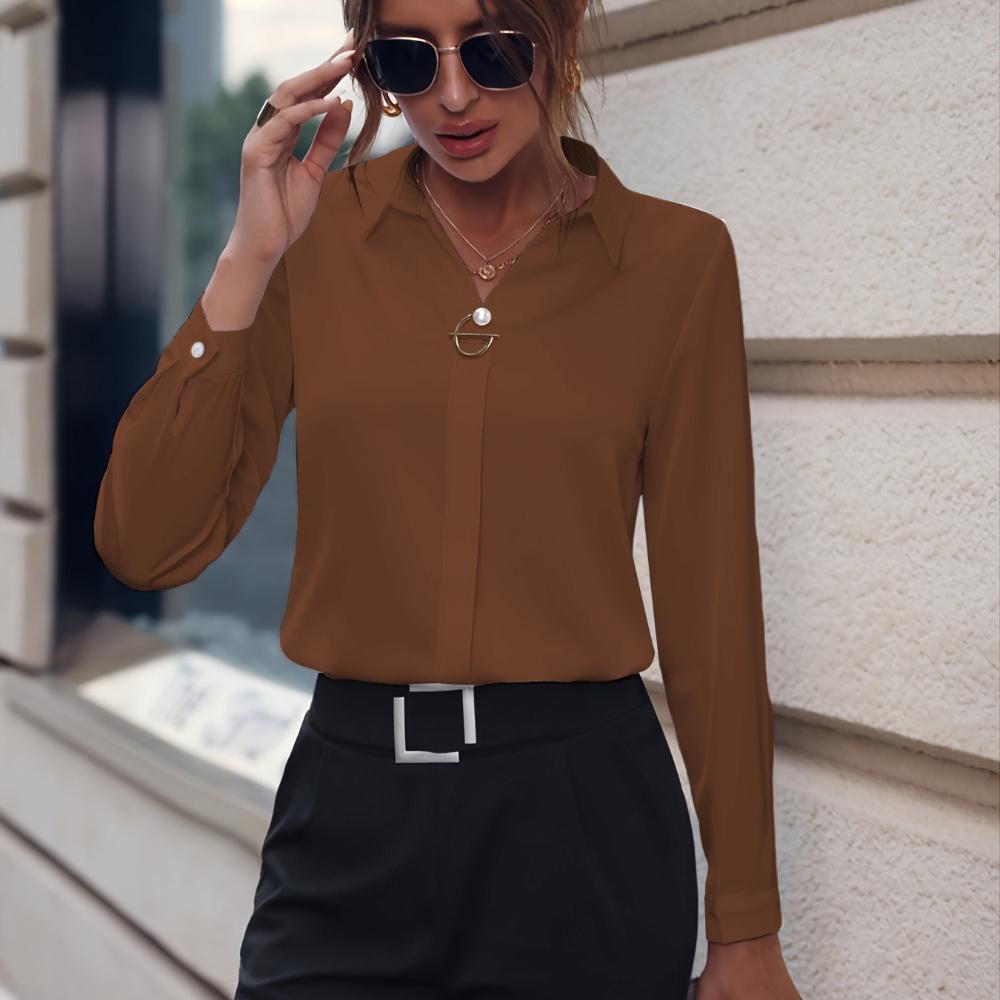 Women's Slim Fit Solid Color Long Sleeve Blouse Elegant Commuter Shirt Office Wear Top
