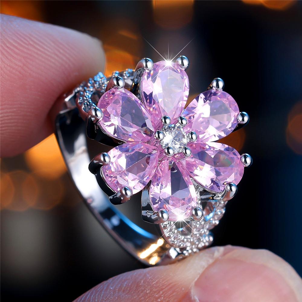 Trendy Pink Zircon Crystal Flower Vintage Silver Color Wedding Bands Engagement Rings For Women Men Minimalist Jewelry
