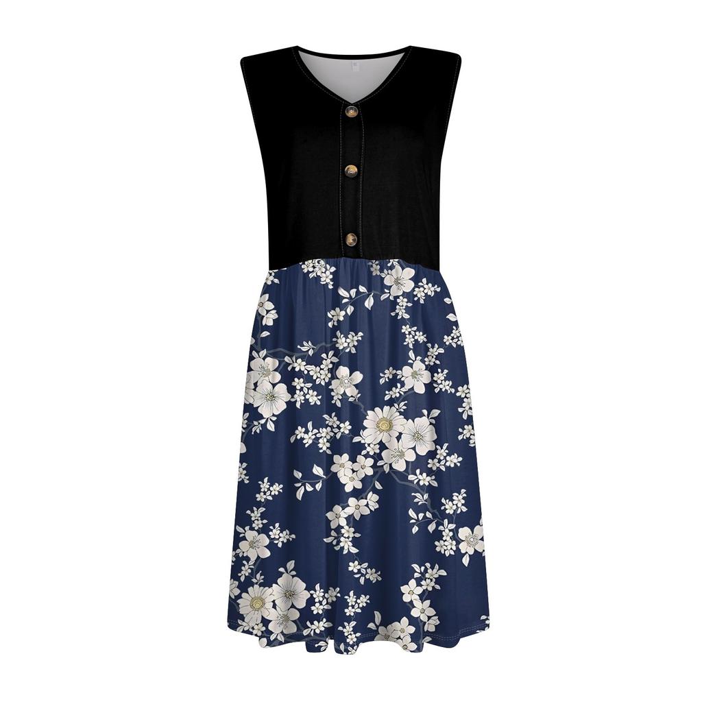 Women's Sleeveless Casual Vacation Loose Swing Geometric Button Midi Dress With Pockets