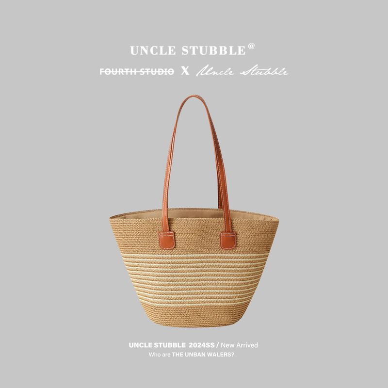 

Французская дорожная сумка в японском стиле с простыми полосками, сплетенная из соломы Khaki beige Stripes