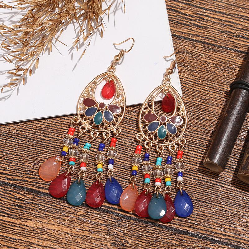 Bohemian Cross-Border Handmade Water Drop Rice Bead Tassel Earrings for Travel Photography