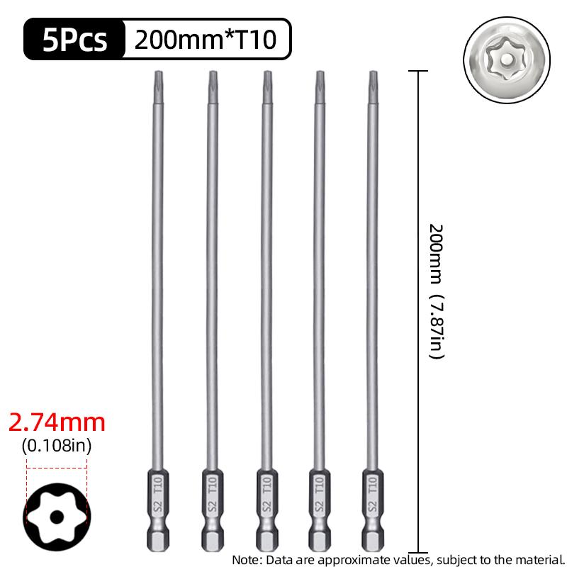 200mm Torx Screwdriver Bits Magnetic Hollow Plum Blossom Head S2 Steel Security Bit T6-T40 1/4'' Hex Shank Hand Power Tools