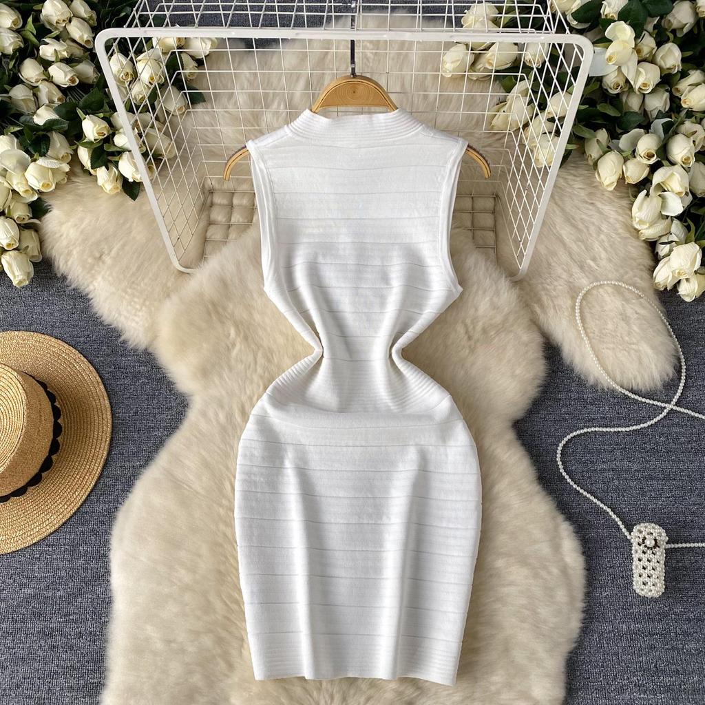 Vestido básico ajustado de punto para mujer, sin mangas, con escote en V, cintura elástica, temperamento sólido, vestido de calle