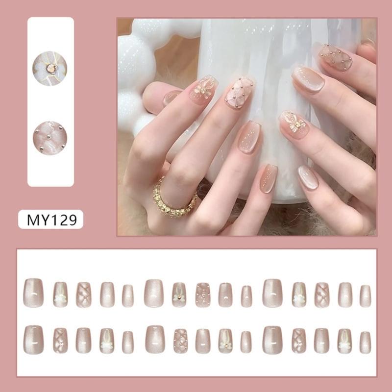 Cats Eye Short Square False Nail Set 24 Pcs Acrylic Press On Nail with Bows Easy Application For Commuting And Event