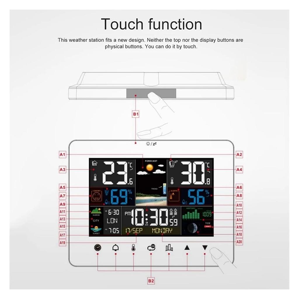 Stazione Meteo Digitale per Casa Interno Esterno, Ampio Display LCD Touch Screen, Monitor Temperatura e Umidità, Fase Lunare, Maree, Pressione Atmosferica e Allarme