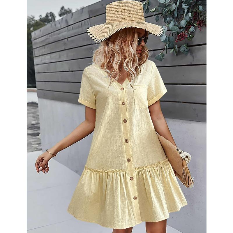 Women's V Neck Button Front Ruffle Hem Midi Dress Short Sleeve Casual Dress
