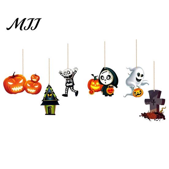 Halloween Hanging Decor 6Pcs Wooden Decoration, Ghost Pumpkin Eyeball Indoor Outdoor Ornament with Rope, Spooky Holiday Party