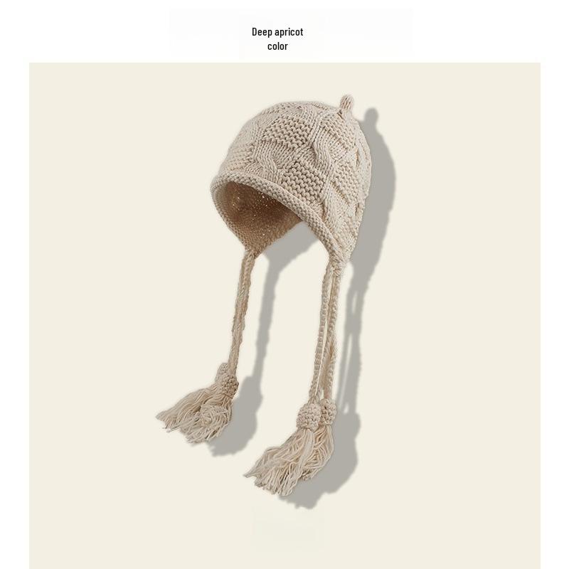 Women's Handmade Red Wool Tassel Hat - Warm Ear Protection for Autumn & Winter, Korean Fashion