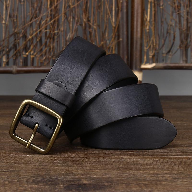 Personalized Leather Pin Buckle Pure Copper Men'S Belt, Male Trendy Young People Pure Cowhide Retro Belt