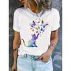European Size Women's Casual Short Sleeve T-Shirt - Rainbow Butterfly & Cat Geometric Print, Relaxed Fit, Breathable Summer Fabric