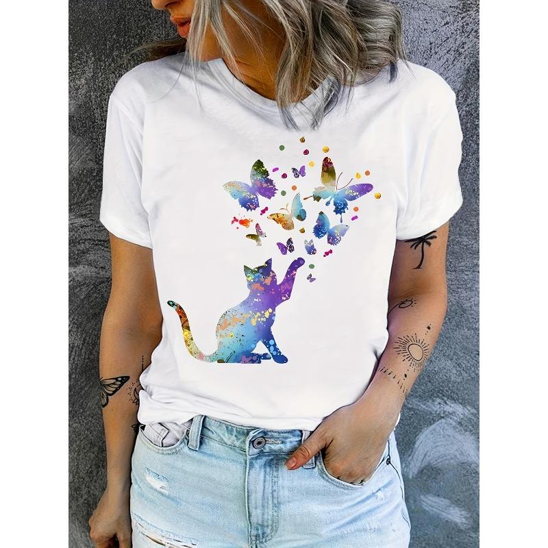 

European Size Women s Casual Short Sleeve T-Shirt - Rainbow Butterfly & Cat Geometric Print, Relaxed Fit, Breathable Summer Fabric S белый