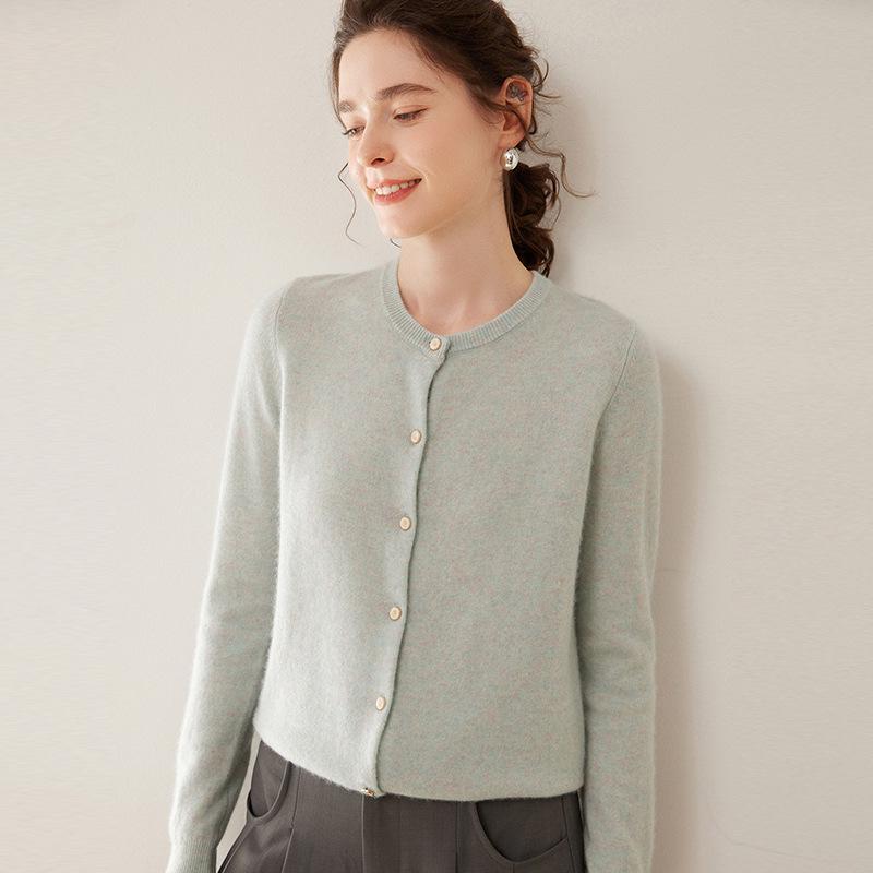 Women's Slim Fit Cashmere Cardigan - Round Neck, Lightweight, Loose Knit Sweater in Solid Color.