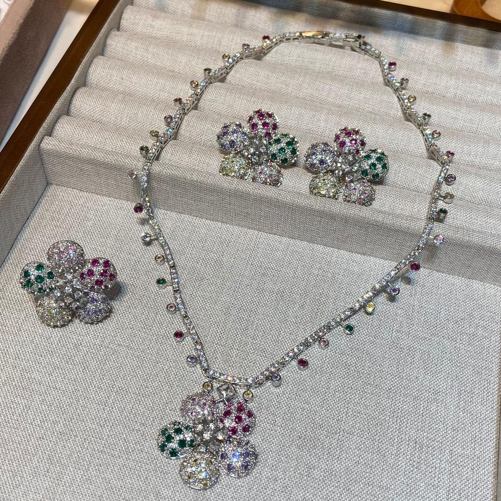 Three-Piece Jewelry Flower Micro-Inlaid Zircon Flower Fashion Vintage High-End Necklace Rhodium-Plated