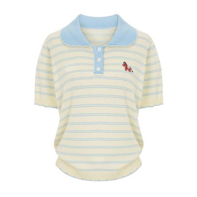 SELLY'S Striped Embroidered Collared Short Sleeve Knit_I6A-Ckn011