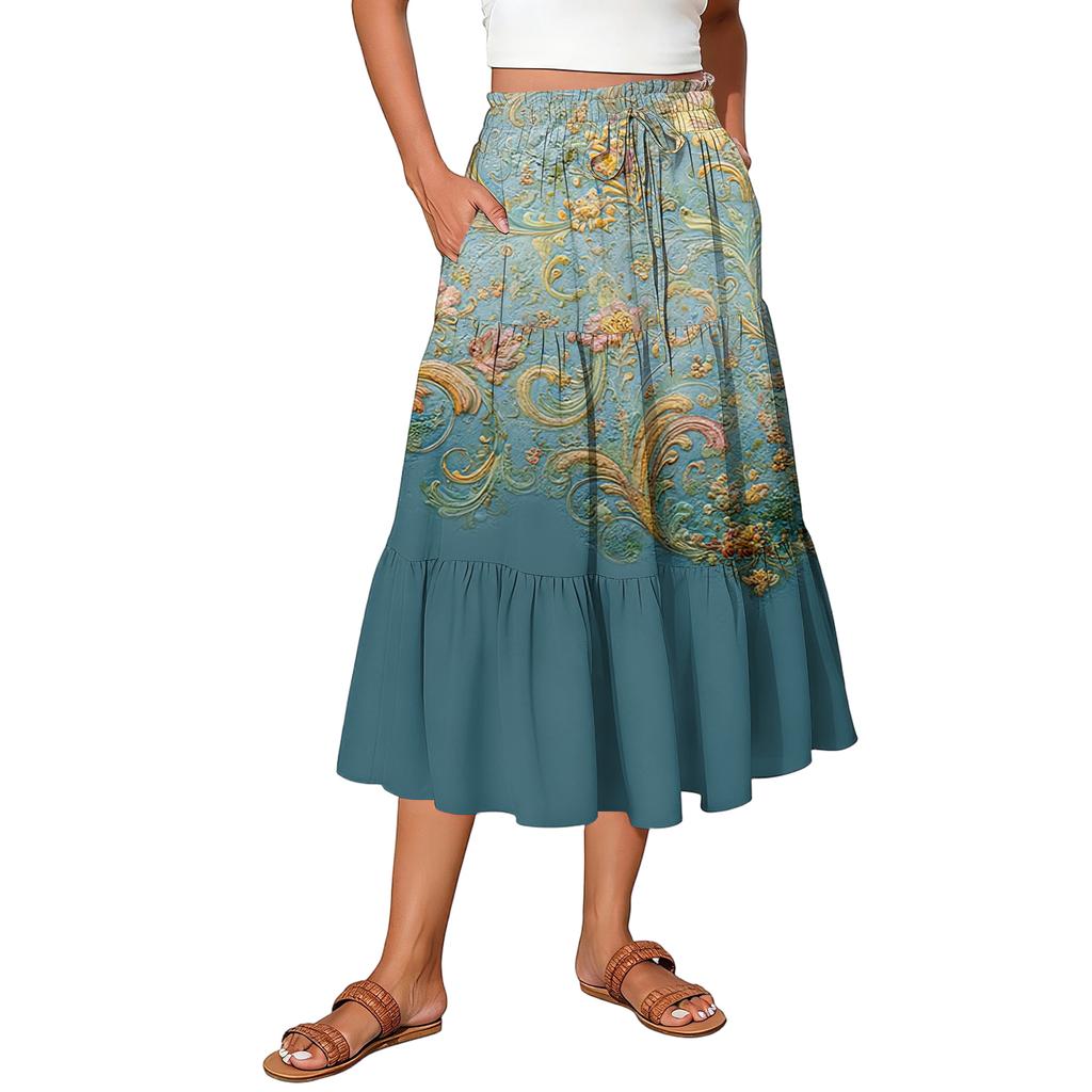 Womens Maxi Skirt Drawstring High Waisted Summer Long Skirts Lightweight Tiered Flowy Floral Pleated Skirts