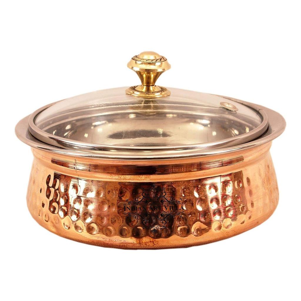 Steel Copper Serving Handi With Glass Lid 500 Ml-Serving Dishes Chicken Briyani Vegetables Home