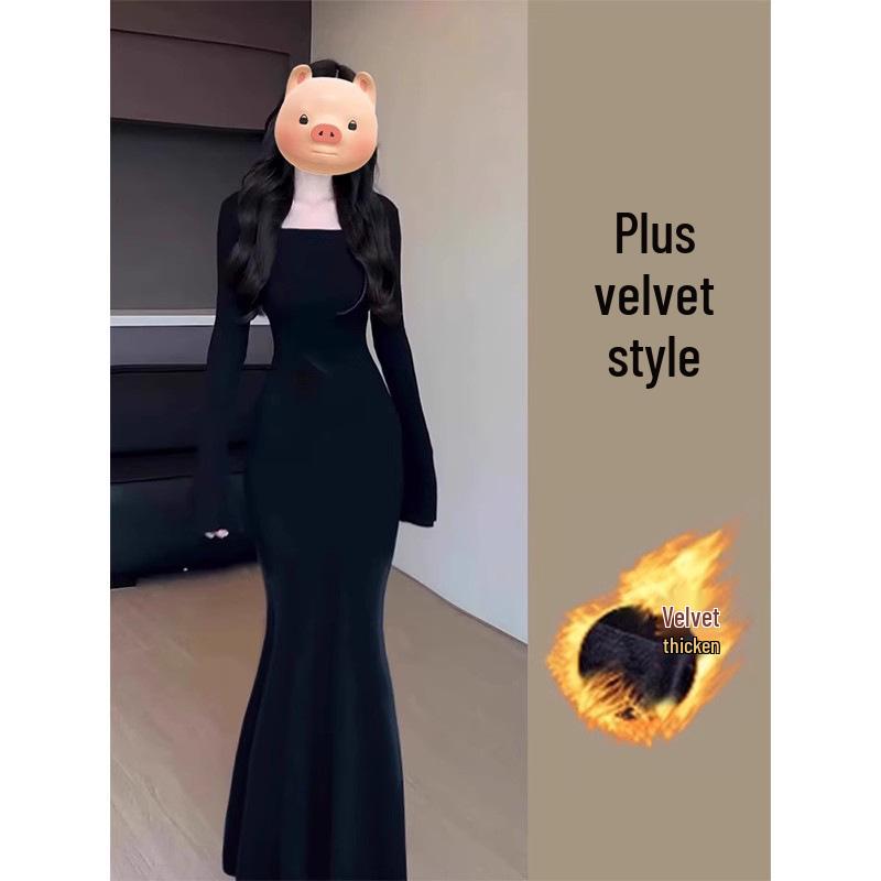 Women s Autumn/Winter 2025 Mermaid Skirt Dress, Slim Fit Mid-Length, Hip-Hugging with Plus Velvet Thick Layer. L (110-125 jin)
