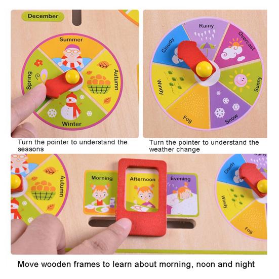 Kids Wooden Clock Toy Time Date Month Weather Season Preschool Learning Multi-function Portable Toddlers Early Educational Clock Toy