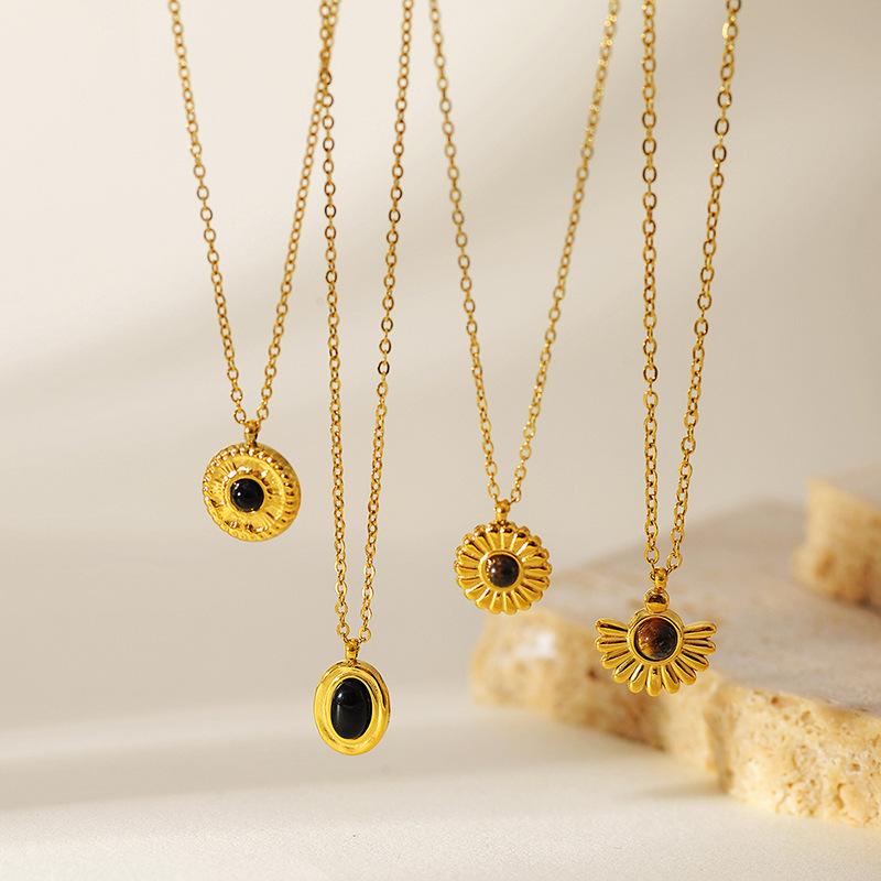 French Vintage Sunflower Natural Stone Pendant Necklace For Women Fashion Minimalist O-Link Chain Gold Collarbone Chain