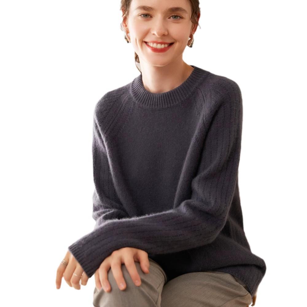 Women's Thickened Cashmere Raglan Sweater - Loose Fit, Solid Color, Round Neck, Autumn/Winter Fashion Pullover