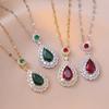 Luxury Female Red Green Square Water Drop Pendant Necklace Vintage Gold Color Wedding Jewelry For Women