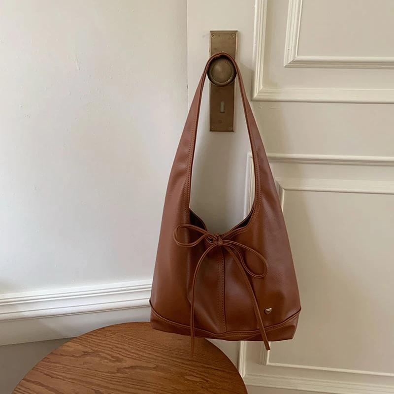 Soft PU Leather Women's Commuter Shoulder Bags Casual Bowknot Female Tote Underarm Bag Solid Color Ladies Handbags with Purse