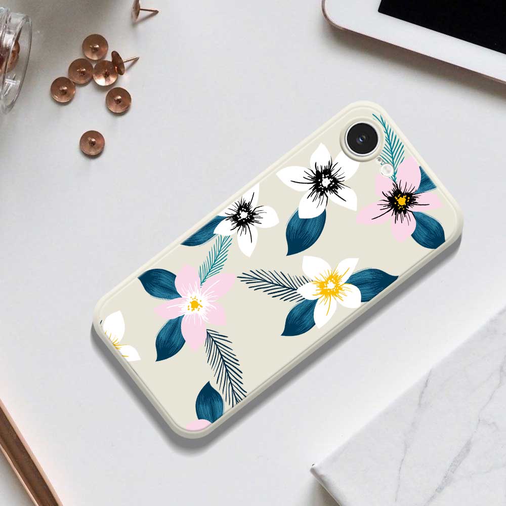 For iPhone 16e Case Pink White Flowers Blue Leaves Pattern Printing Straight Edge TPU Phone Back Cover