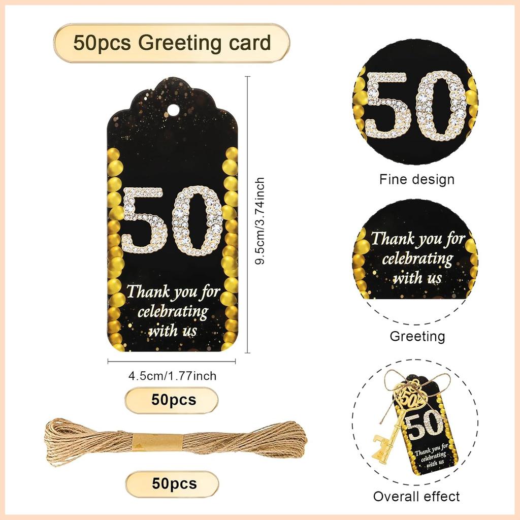 50Pcs 50th Gold Key Bottle Opener 50th Birthday Party Favors, 50th Anniversary Souvenirs Return Gifts 50th Key Beer Bottle Opener With Thank You