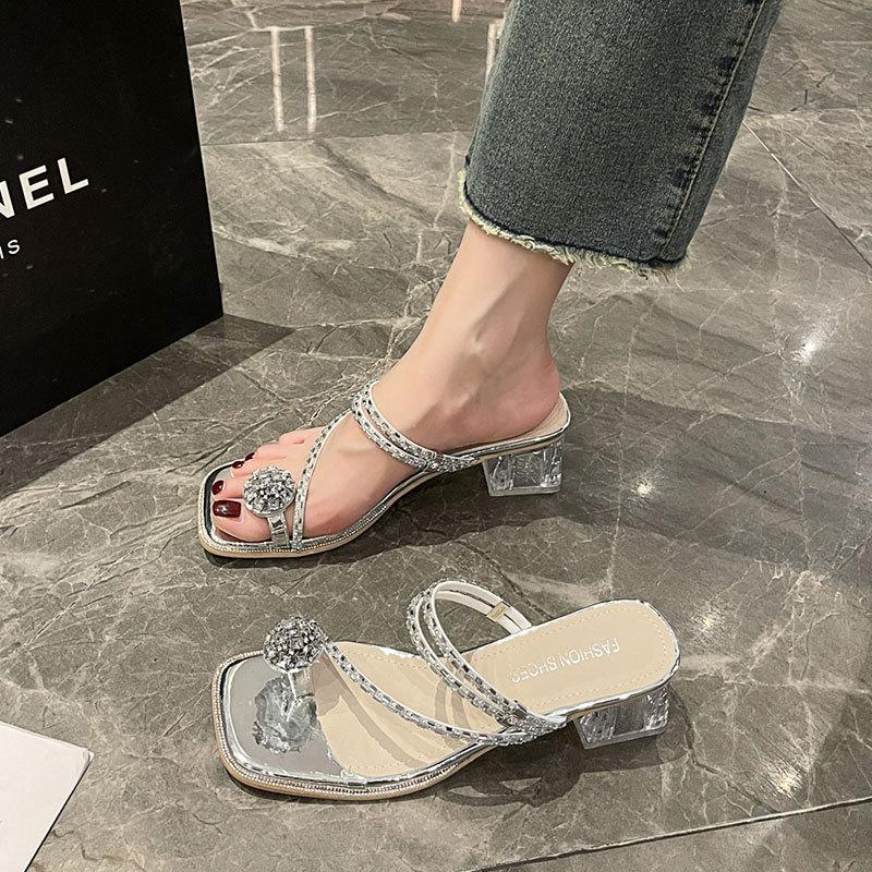 Two sandals for women to wear 2025 new summer fashion rhinestone toe fairy wind thick high heel crystal cool slippers