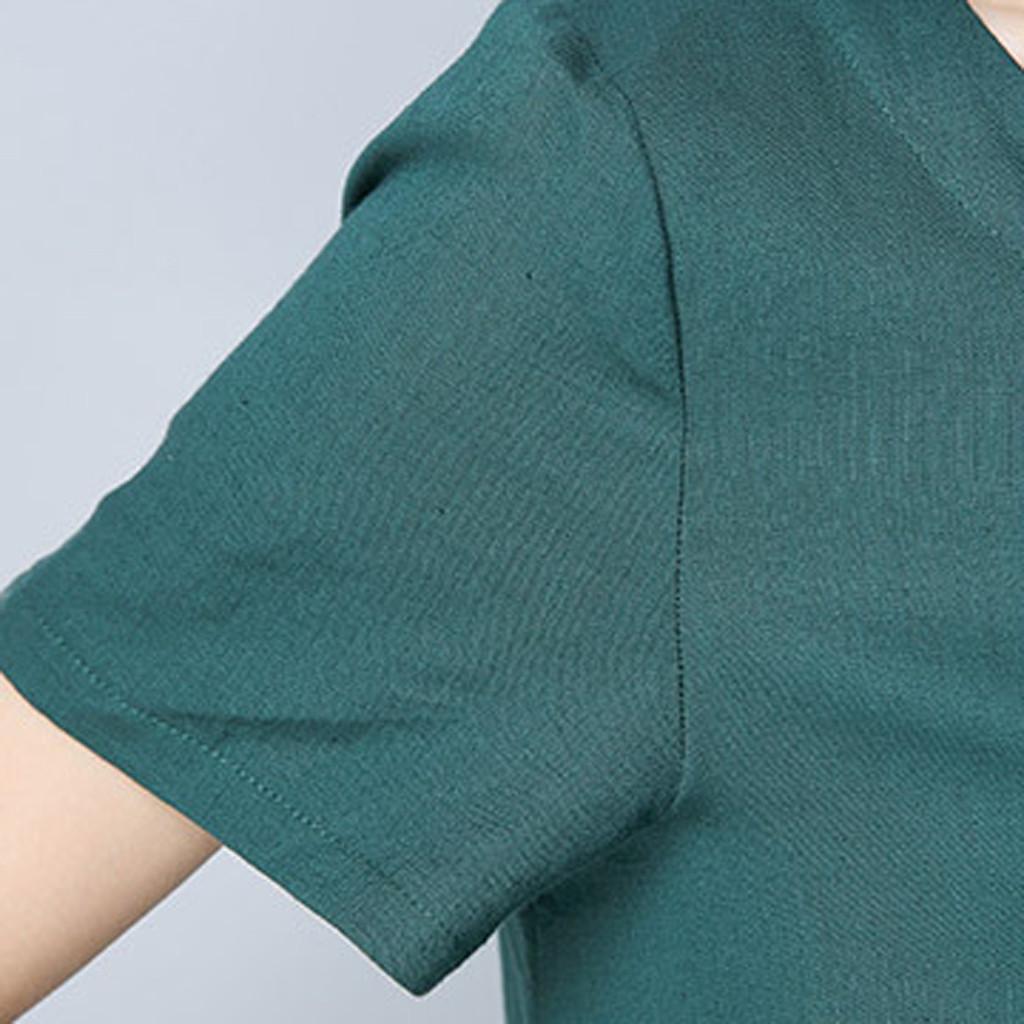 Women Cotton Linen Short-sleeved Loose Casual Midi