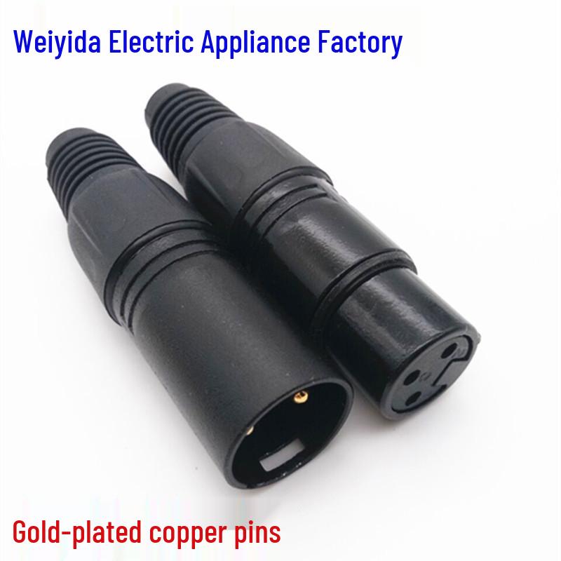Gold-Plated 3-Core XLR Microphone Connector with Copper Pin - Black Male & Female Plug Male plug