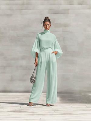 Chiffon High Neck Puff Sleeve Top & High Waist Wide Leg Pants Two-Piece Set