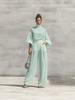 Chiffon High Neck Puff Sleeve Top & High Waist Wide Leg Pants Two-Piece Set