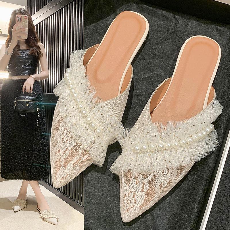 Fashion 2024 Summer New Designer Slippers for Women Peplum Pointy Half-pack with Low Chunky Heels Lace Mules Shoes Slipper Ladies