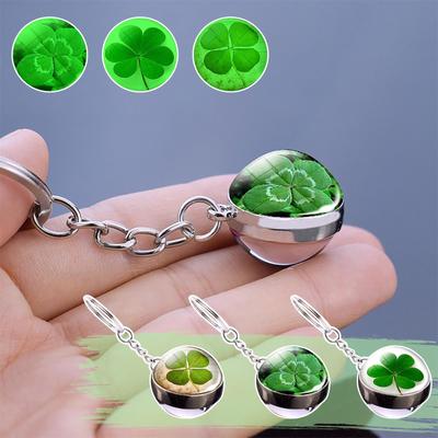 Lu-cky Clo-ver Keychain Four Leaf Clo-ver Glass Ball Double Side Pendant Metal Keyring Luc-ky Jewelry Gift, Green