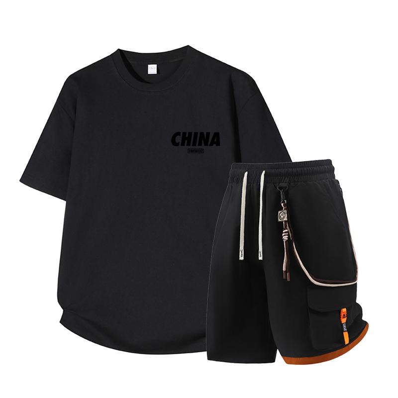 Dmo Men's Short Sleeved Set Summer Short Sleeved Slim Fit Upper Garment Men's Two-piece Set