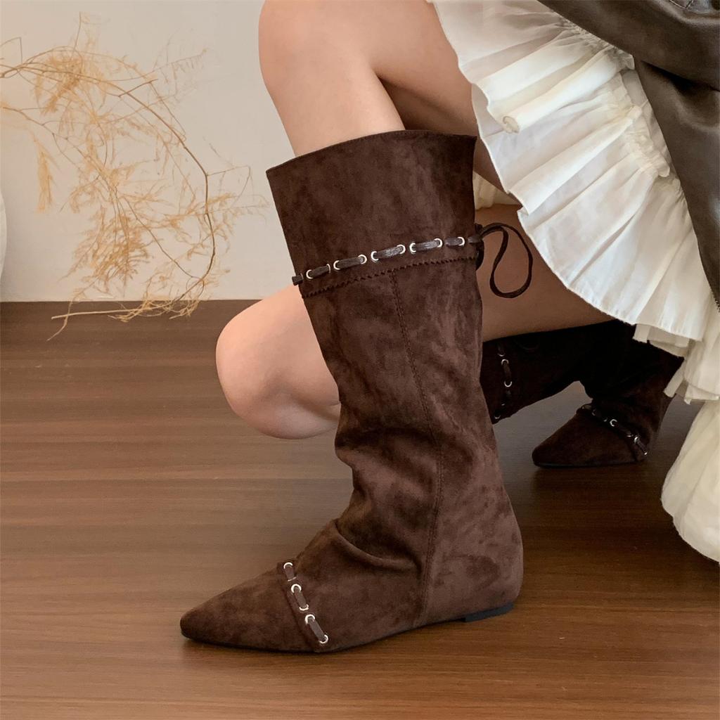 Retro pointed pleated piled boots women's foldable two-wear Spice Girl western cowboy boots inner height-increasing and thin boots