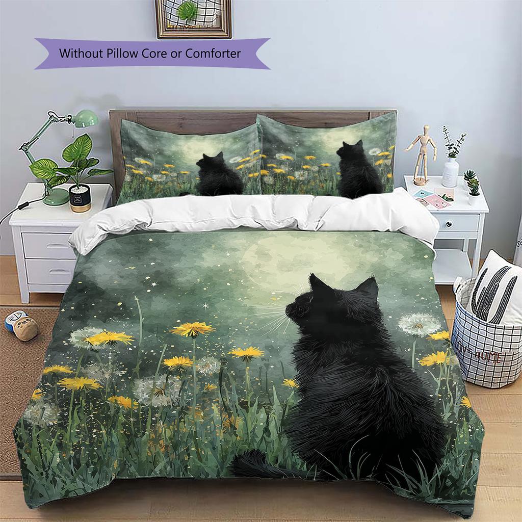 Black Cat at Night Pattern Bedding Quilt Set  Home Decoration  Gift (1 * duvet cover + 2 * pillowcase  without core)