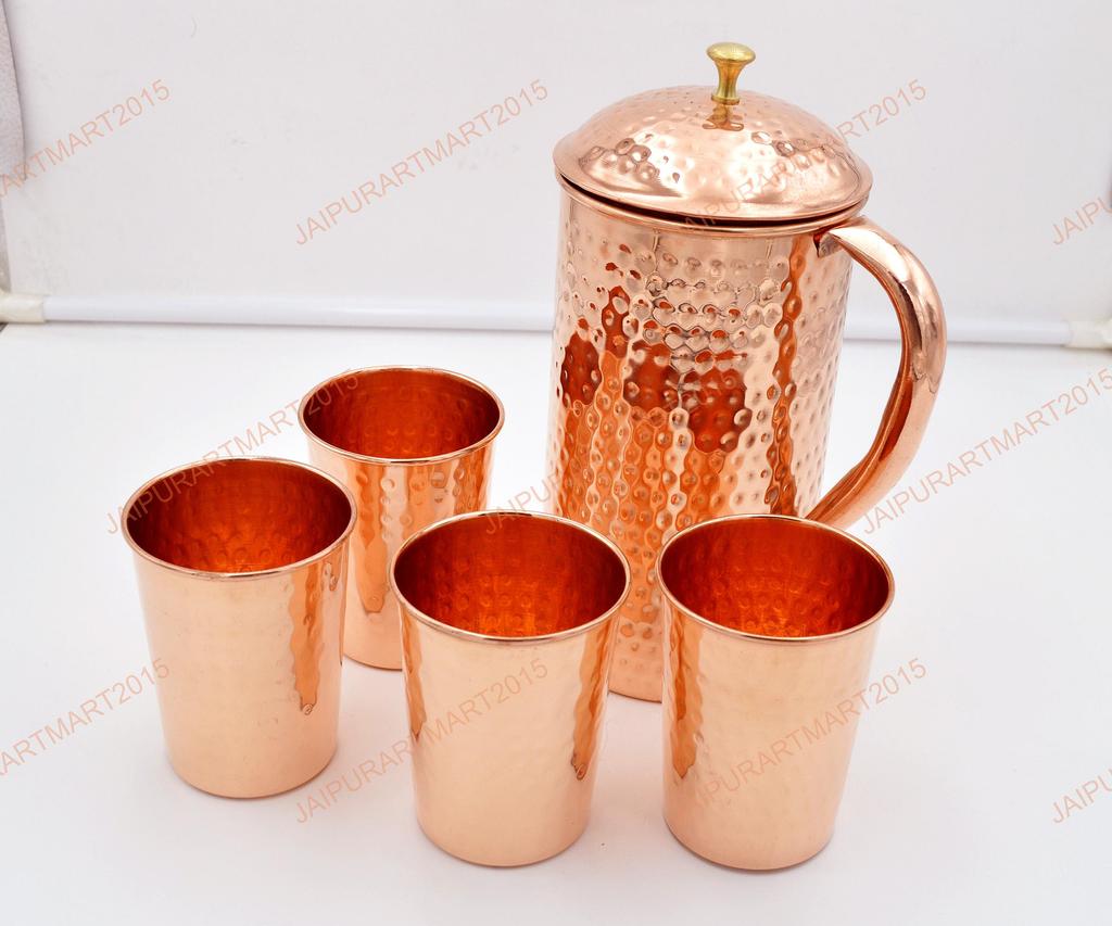 Handcrafted 1.5L Copper Water Jug with 4 Matching 250ml Glasses – Ayurvedic Health Benefits, Elegant Hammered Design