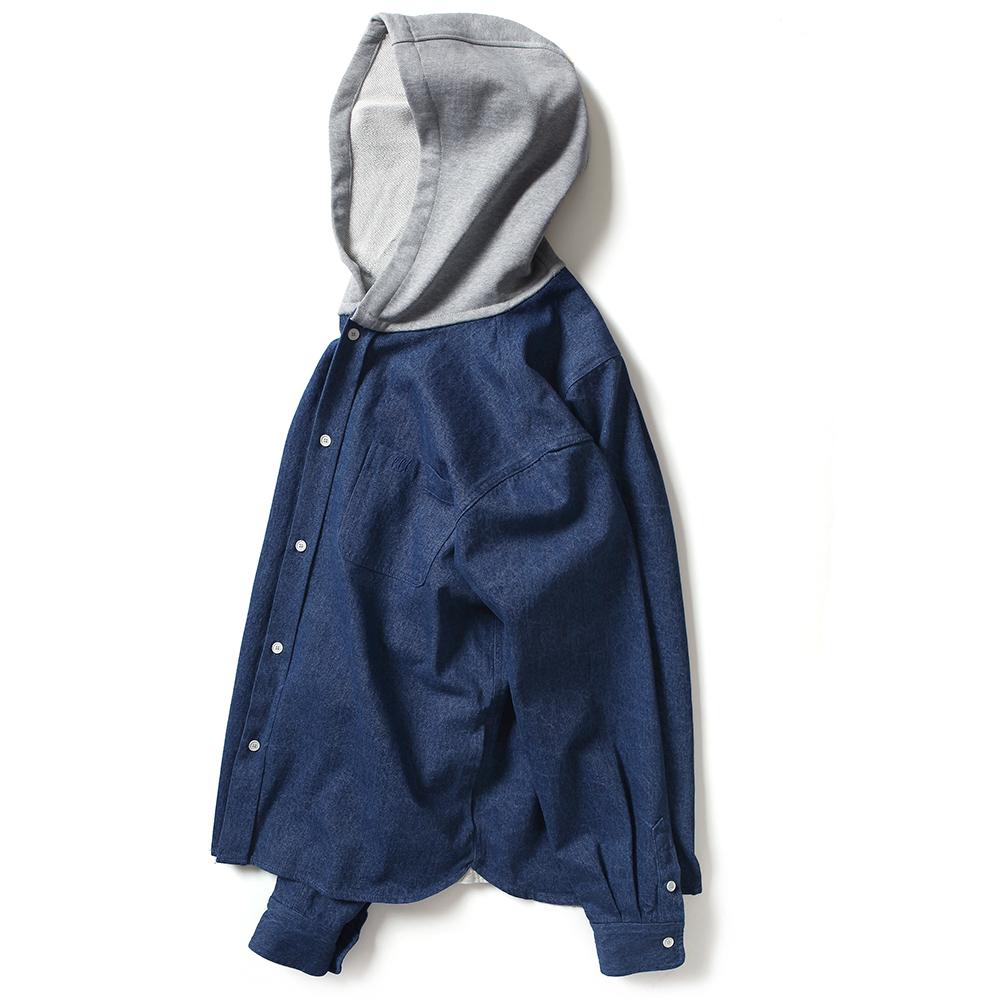 Lelales Hooded Denim Shirt Jacket - Dark Blue