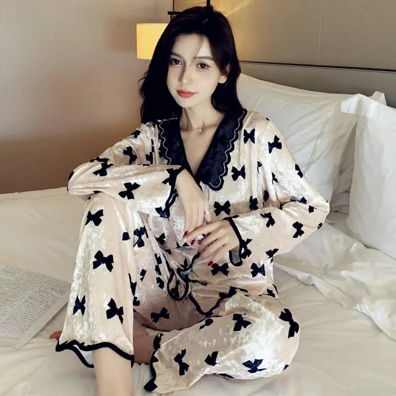 Romantic Bow Lace Fleece Women's Pajamas Korean Harajuku Ins Print Lady Sleepwear New Autum Winter Y2k Lazy Home Set