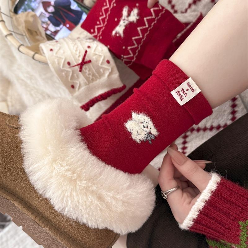 Christmas Bright Red Warm Wool Socks Bow Striped Cartoon Tube Socks New Year'S Red Stacking Socks