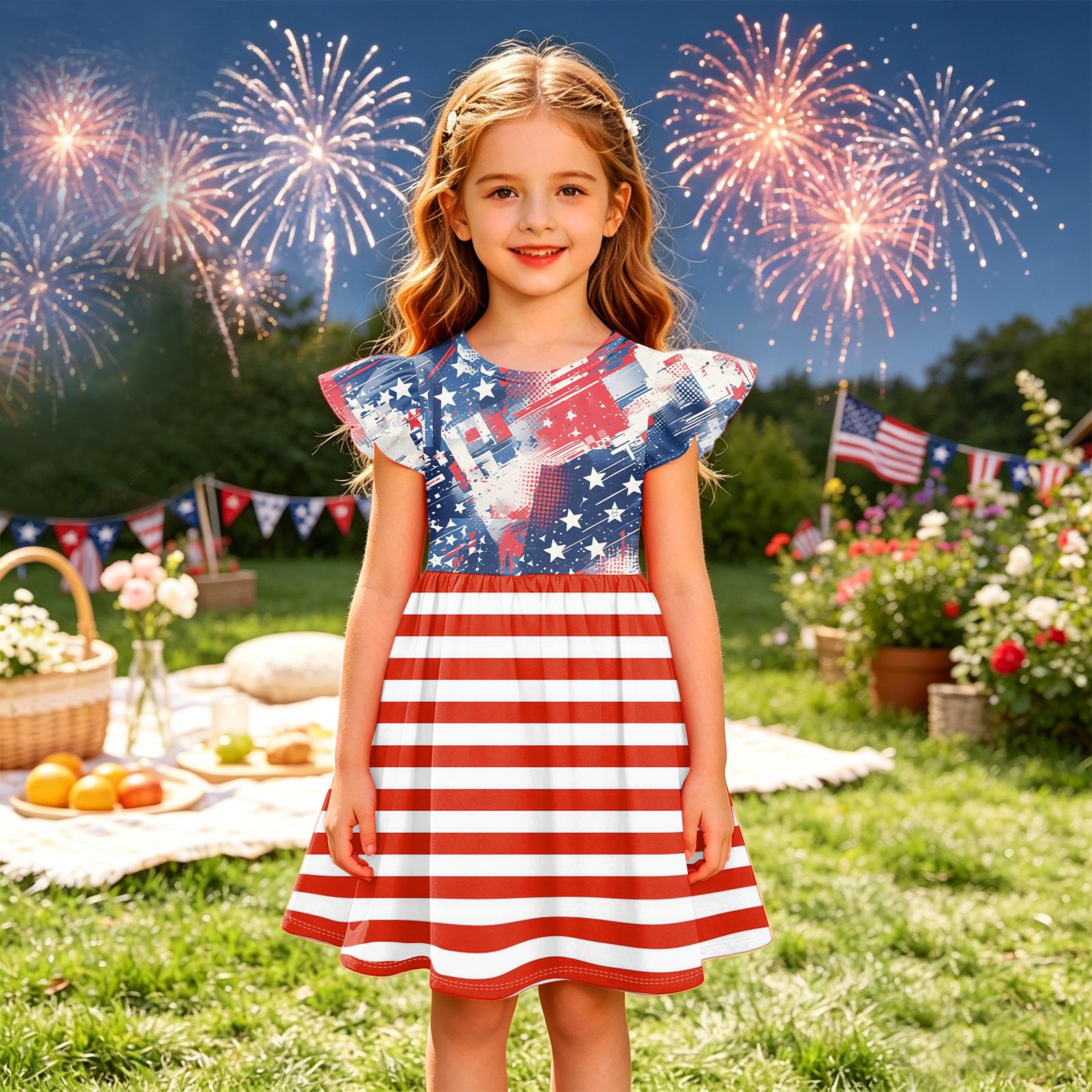 

Girls Independence Day Dress Flutter Sleeve Patchwork Dress Kids Casual Summer Party Dress Soft Comfortable Fabric 130