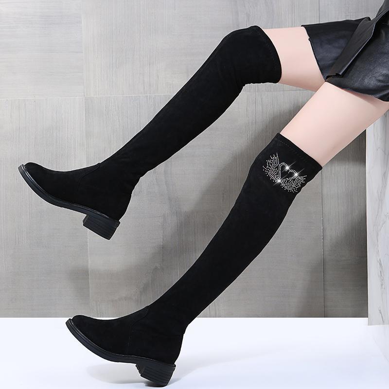 Women's Over Knee Stretch Boots 2025 Autumn Winter New Design Crystal Embellished Thick Heel Slimming Faux Fur Lining Warm Boots