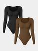 Seamless Knitted Ribbed Long Sleeve V-Neck Yoga Bodysuit Jumpsuit