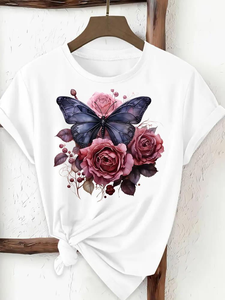 (Asian Size) trend flower cute Woman Women Fashion Tee Top Print Female Clothing Short Sleeve T Shirt Graphic T-shirts