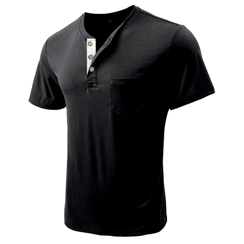 European and American Style Men’s Summer Top Short Sleeve T-shirt Solid Buttoned Round Neck Henley Shirt