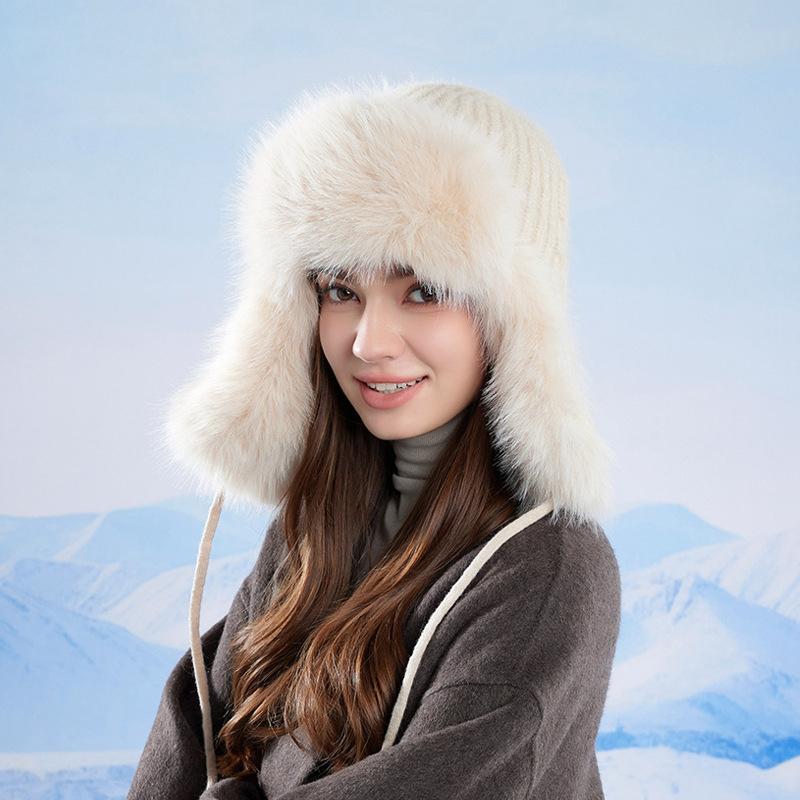 Winter Cashmere Cold-Proof Knitted Hat Women's Outdoor Cycling Warm Ear Protection Cap Bomber Hat