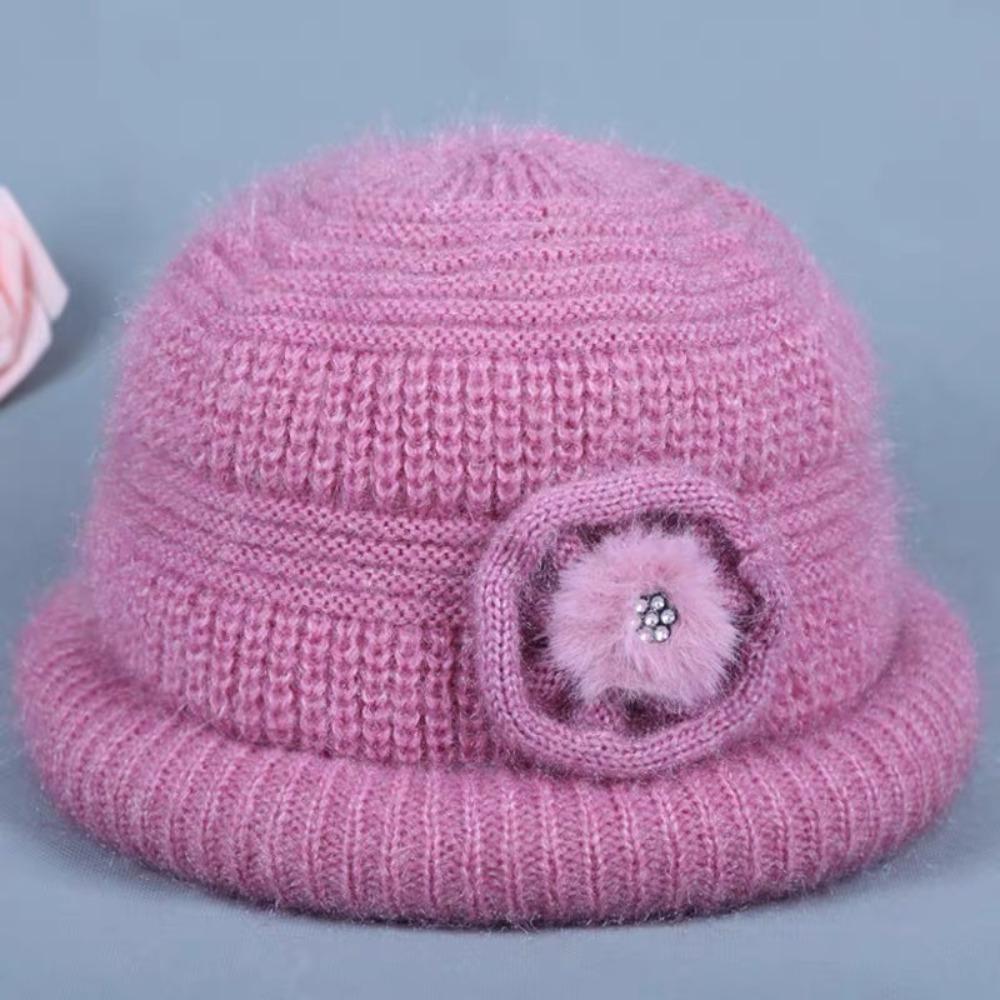 New Flower Decor Knitted Hat Thickened Coldproof Plush Warmth Hat Big Size Winter Cap Middle-aged And Elderly