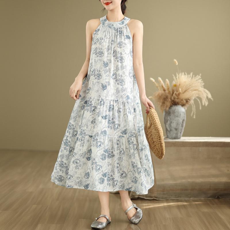 

Летнее платье-жилет из хлопка и льна 2025: Литературный стиль, длинная юбка-свинг для торта M синий